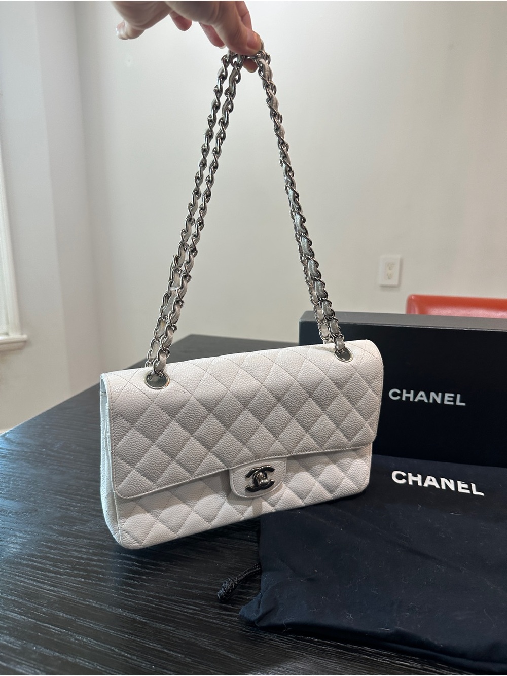 CHANEL White Quilted Classic Flap Shoulder Bag with Silver Chain
